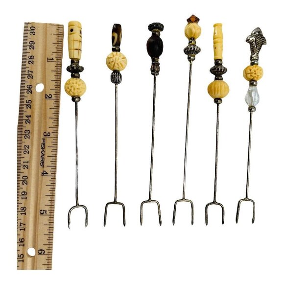 Cocktail Hors d’oeuvre Forks in Ceramic Holder Set of 7 Carved Silver Beige - Picture 3 of 9